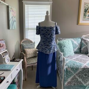 Chic Blue and White Off-Shoulder Gown